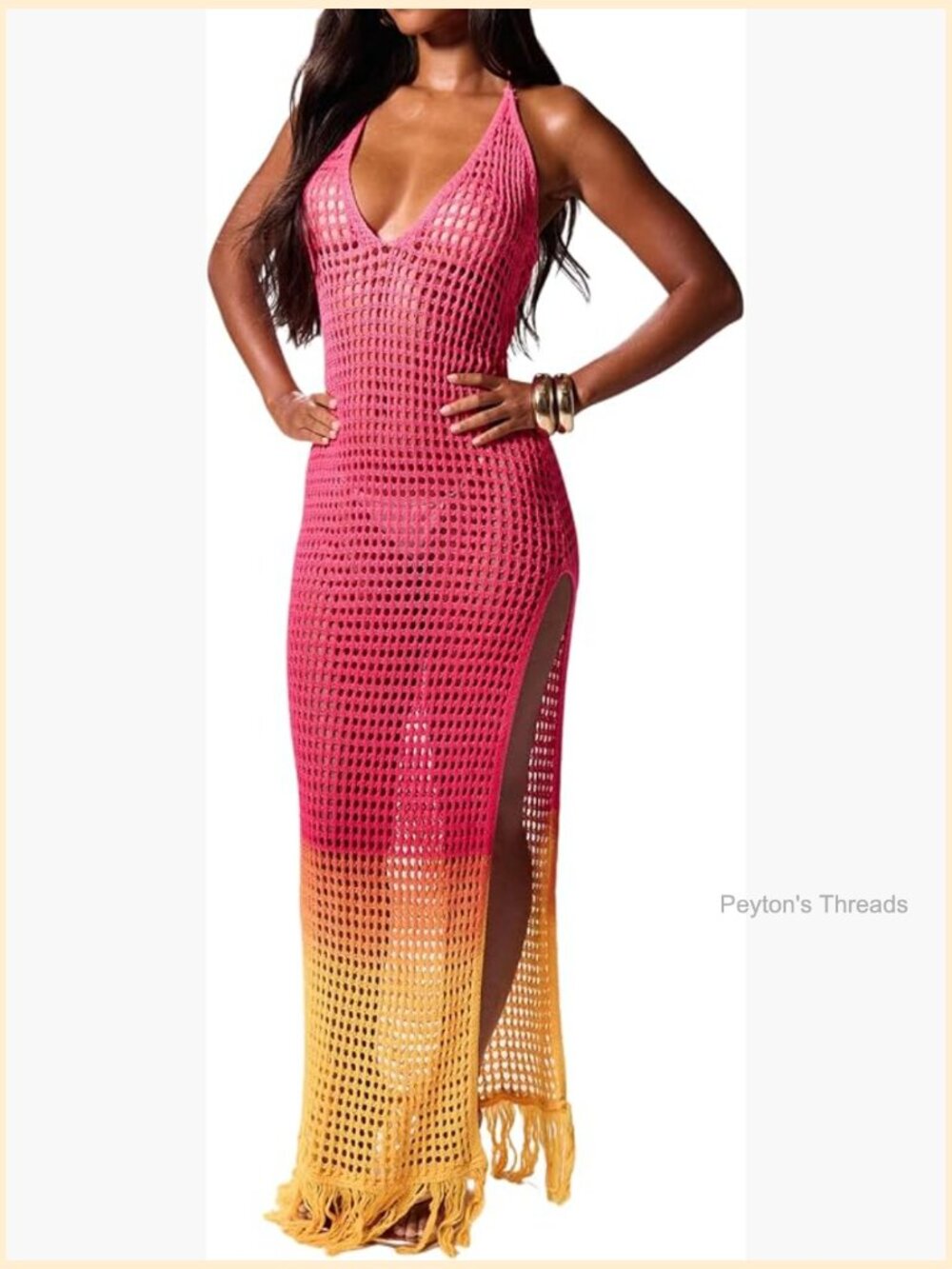 Crochet Knit Halter Maxi Dress Backless Slit High Low Fringe Vacation Sundress